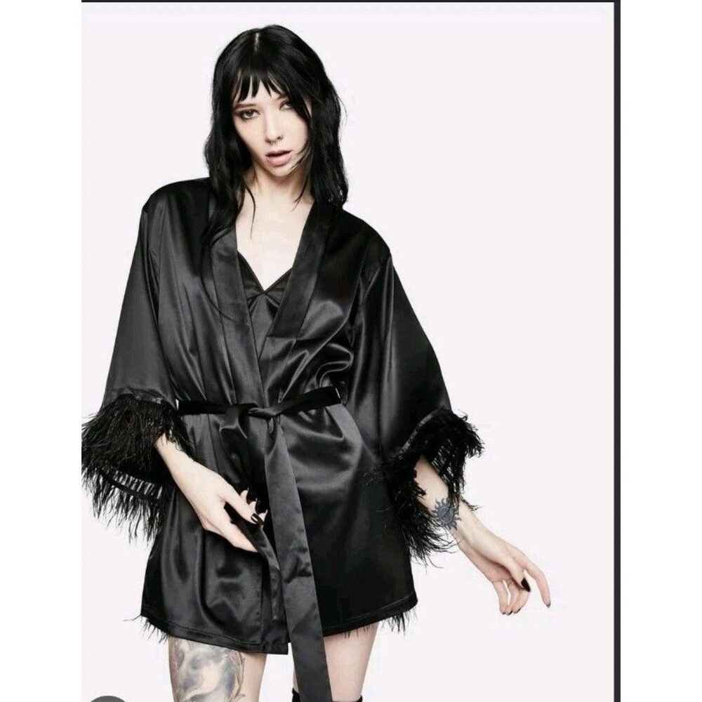 Roma Naughty Nightmare Satin Black  Feather Trim Kimono Robe Belted L/XL EUC